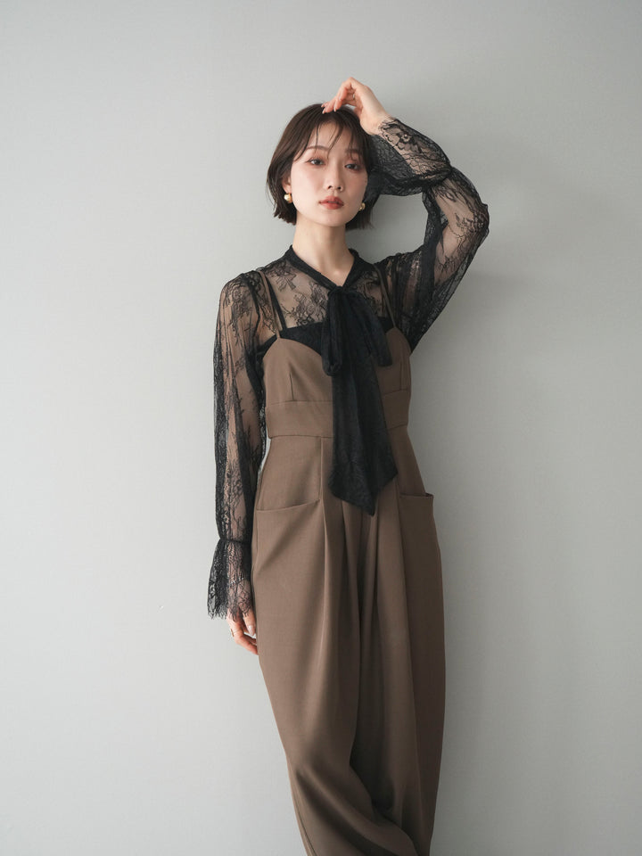 [SET]バックデザインサロペット+リバーレースボウタイトップス(2set)