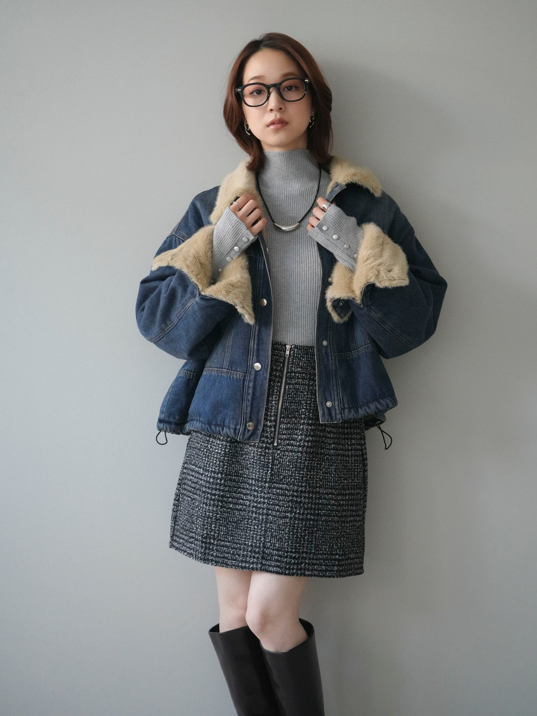 [予約]デニム×ファーステンカラーショートジャケット/blue