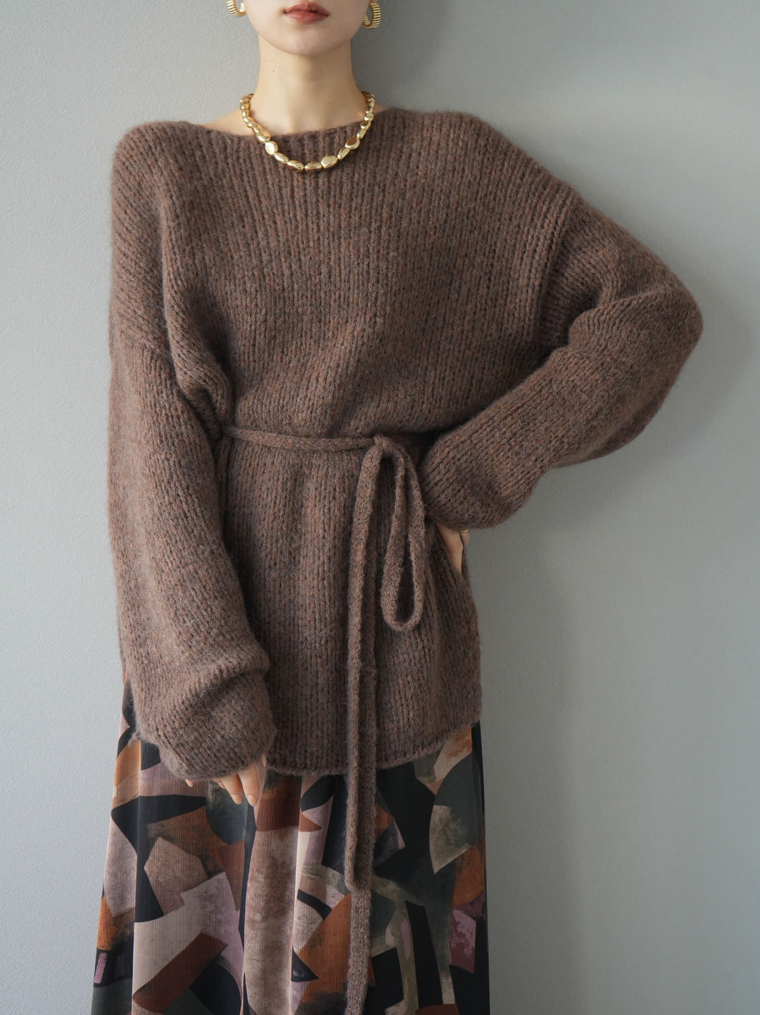 [予約]紐付きあぜ編みオーバーニットプルオーバー/ブラウン