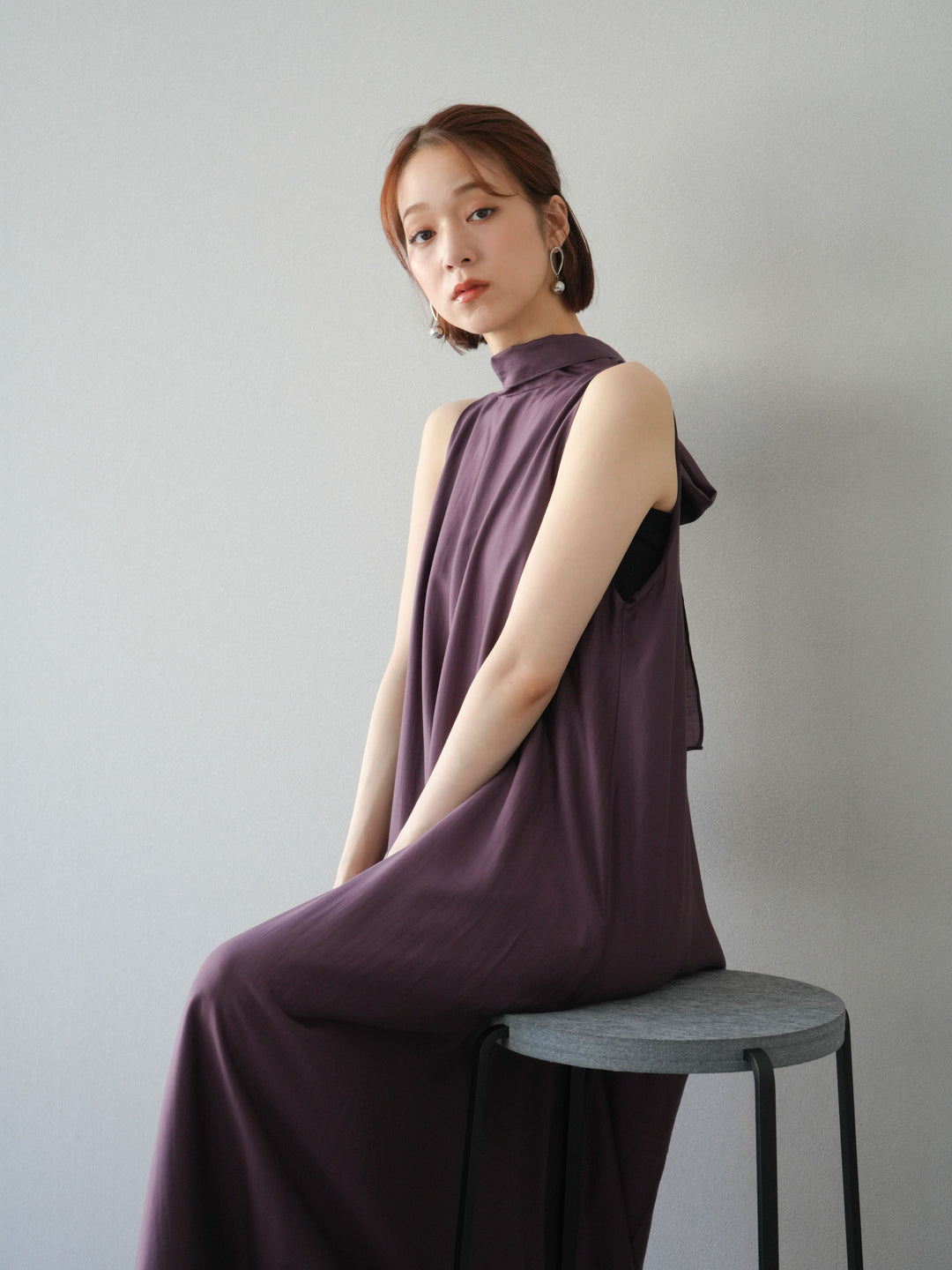 [予約]シアーホルターバックオープンワンピース/ボルドー