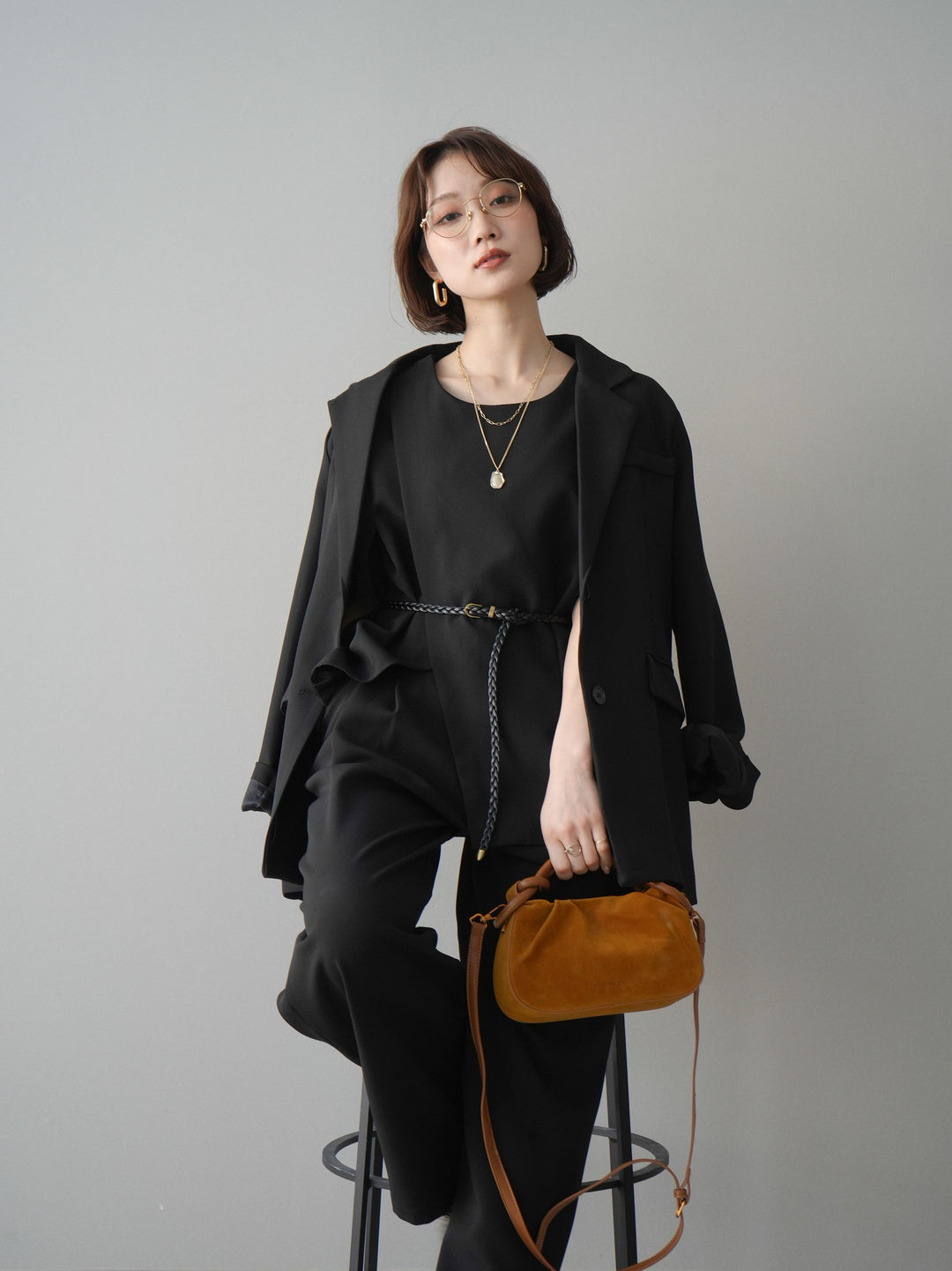 [SET]ベルト付ノースリーブトップス＆ワイドパンツSETUP+バックスリットデザインジャケット(2set)