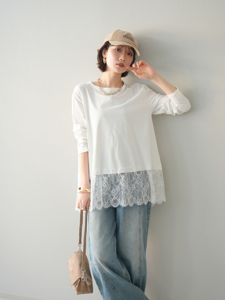 [SET]裾レースロングスリーブTシャツ+選べるアクセセット(2set)