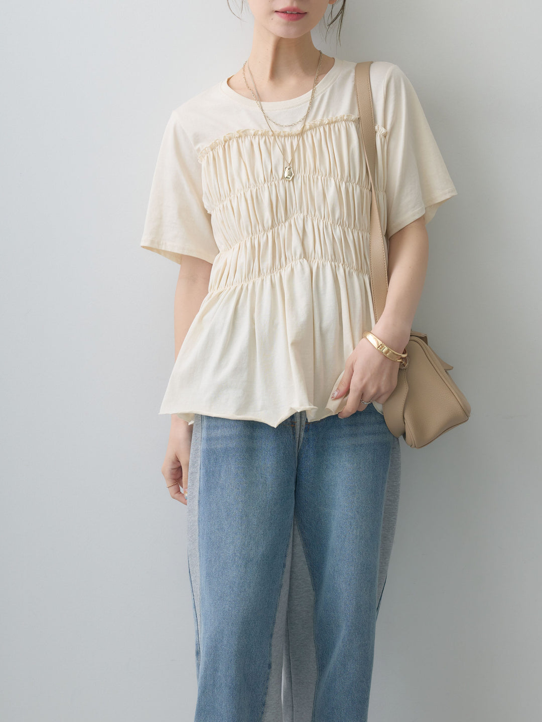[SET]クールタッチシャーリングTEE+デニム切替スウェットパンツ(2set)