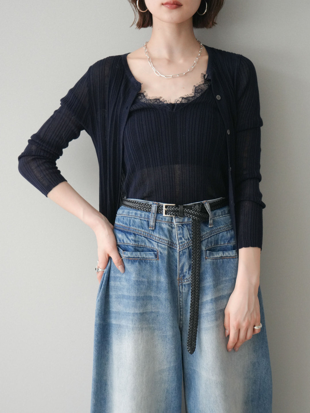 [予約]インナーレースキャミソール＆カーディガンアンサンブル/navy