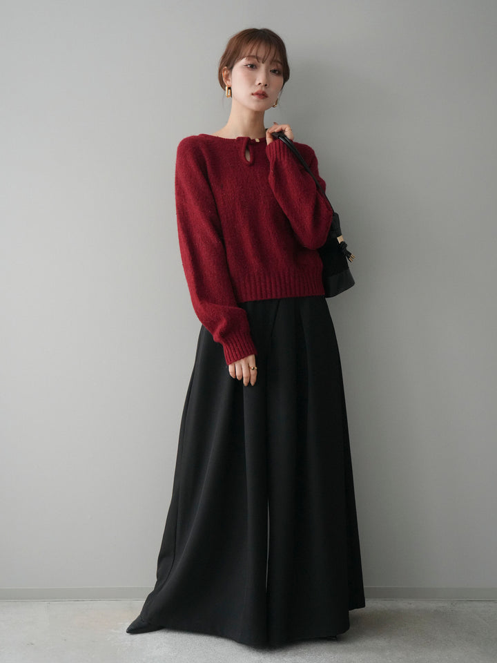 [SET]ツイストネックラメネップヤーンニットプルオーバー+テープベルトタックバギーパンツ(2set)