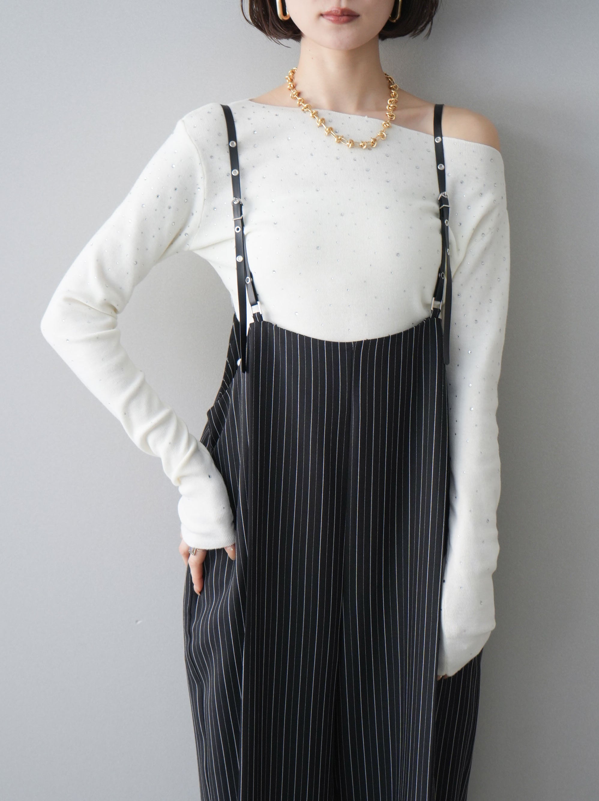 予約]ヘリンボーンストライプサス付サロペット/black – Lumier