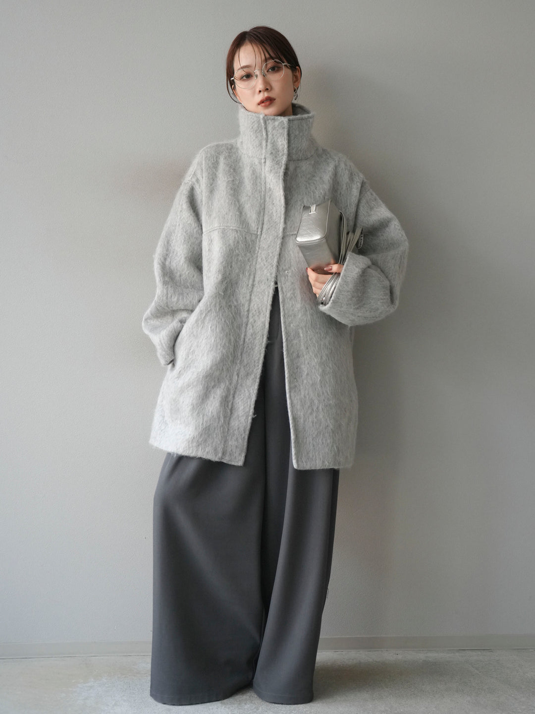 [予約]スタンドカラーシャギーコート/mokugray