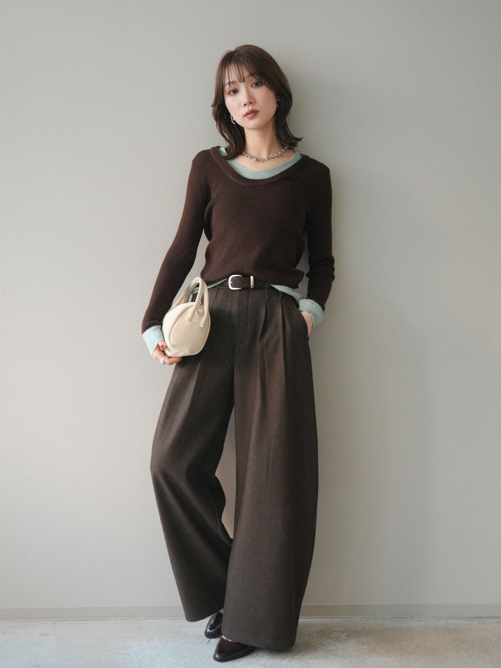 [予約]アニマル柄ベルト付きウールタッチワイドパンツ/brown