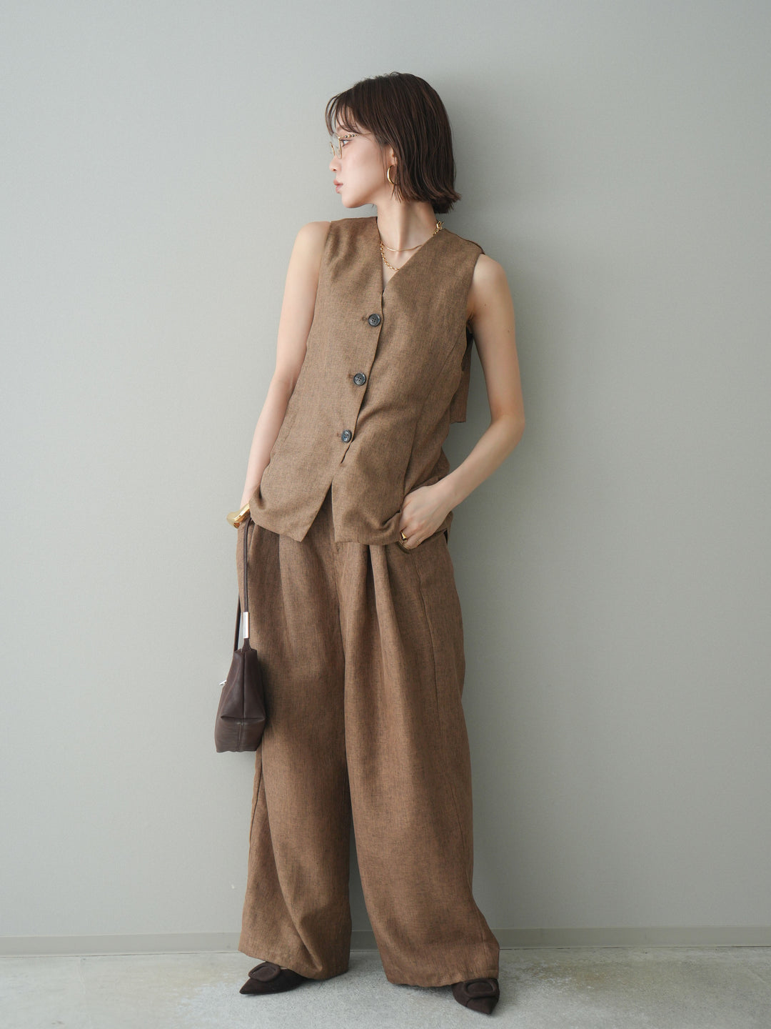 [予約]リネンライクタックワイドパンツ/brown