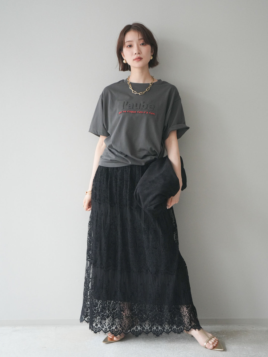 [SET]エンボスロゴTEE+裏プリーツ総レースロングスカート(2set)