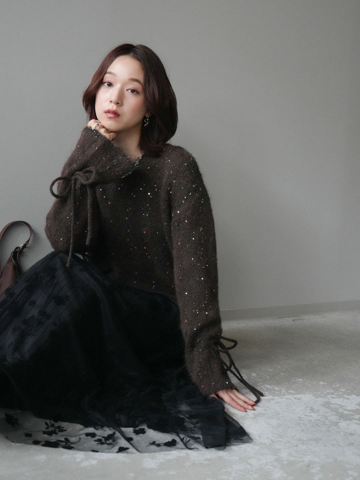 [SET]キャンディースリーブカラーネップスパンコールニットプルオーバー+フラワーフロッキーチュールプリーツスカート(2set)