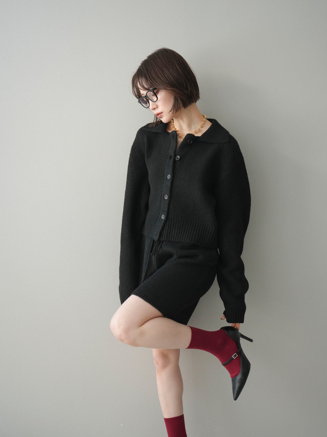 [予約]メランジニット襟付きクロップドカーディガン/black