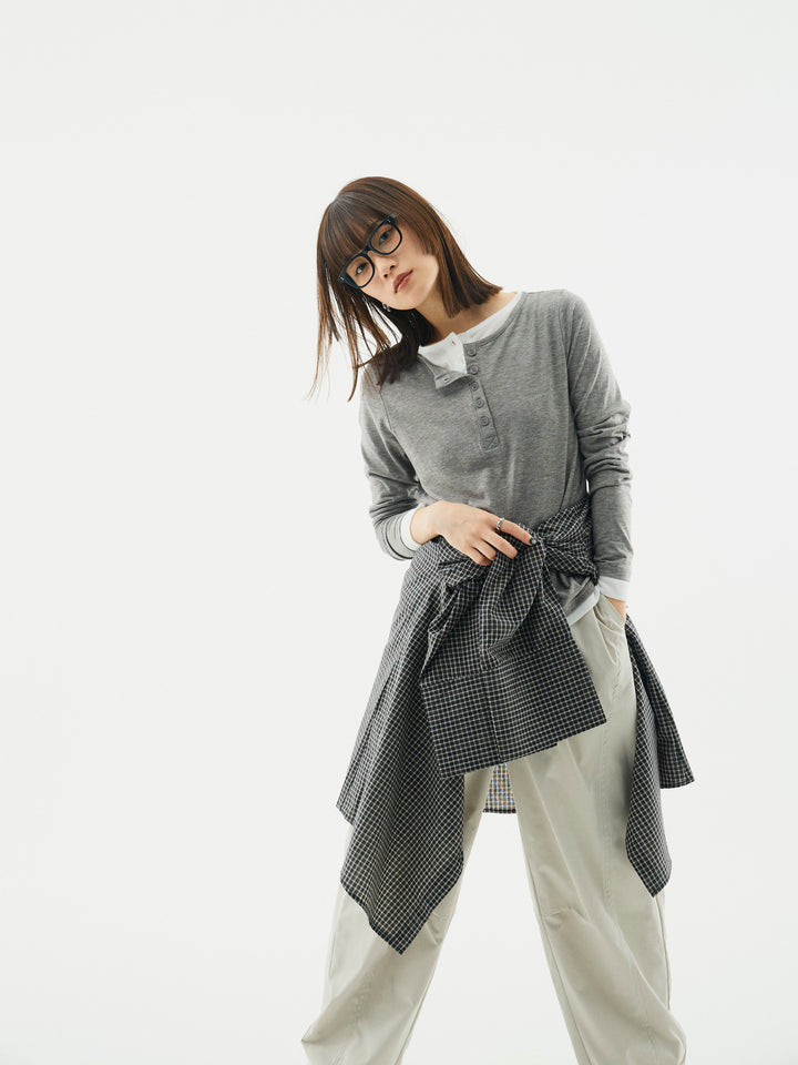 【Allure】[SET]配色レイヤードヘンリーネックトップス+タフタワイドカーブパンツ(2set)