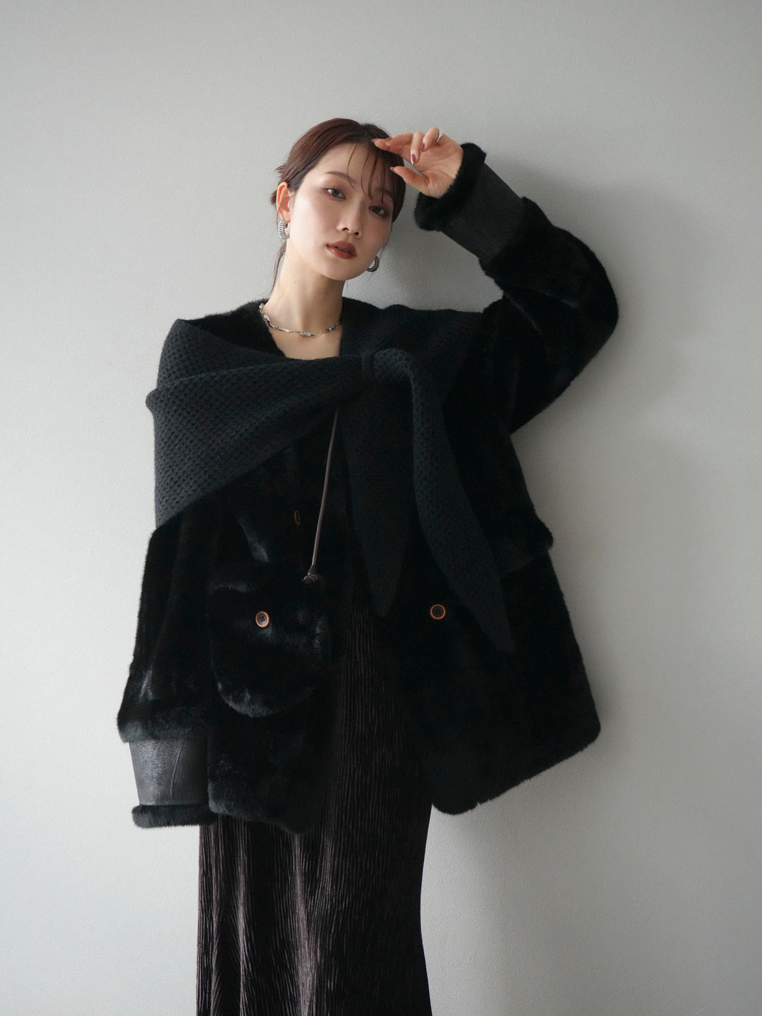 [予約]バッグ付エコファーノーカラーコート/black