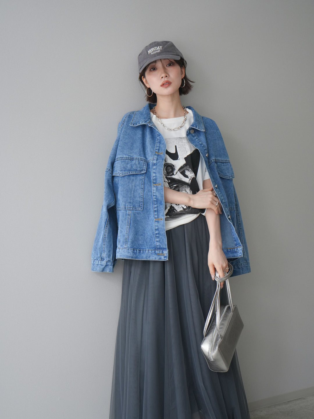 [SET]ルーズシルエットデニムジャケット+チュールボリュームスカート(2set)