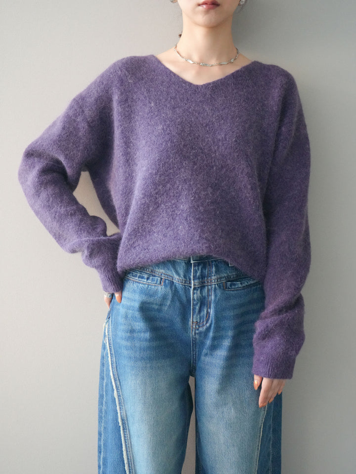 [SET]シュシュ付きアンゴラタッチVネックニットプルオーバー+サイドフリンジワイドデニムパンツ(2set)