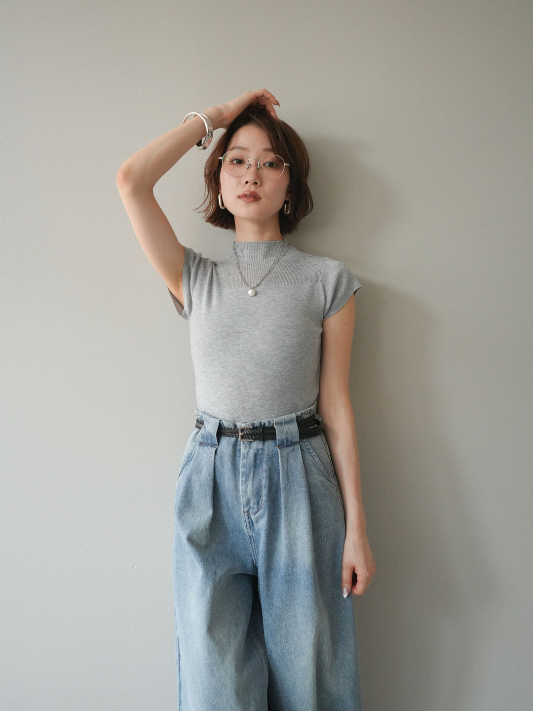 [SET]ビジューシアーフレンチニット+選べるアクセセット(2set)