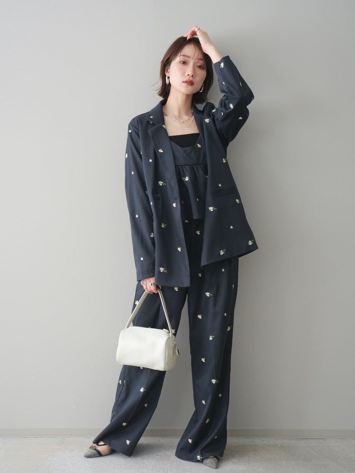 [予約]フラワー刺繍タックパンツ/navy