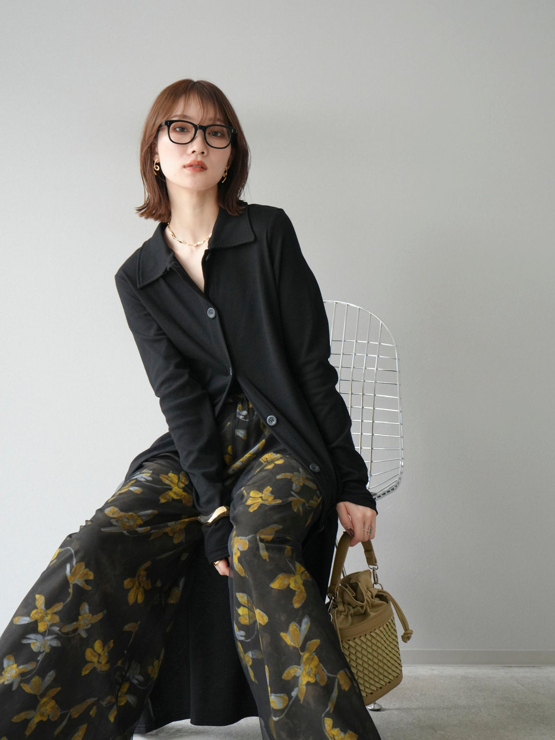 [SET]襟付きカットリブボタンワンピース+フラワープリントチュールレイヤードパンツ(2set)