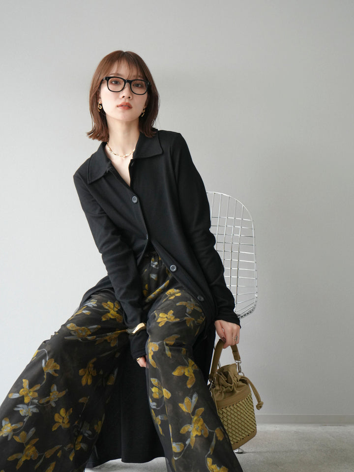 [SET]襟付きカットリブボタンワンピース+フラワープリントチュールレイヤードパンツ(2set)