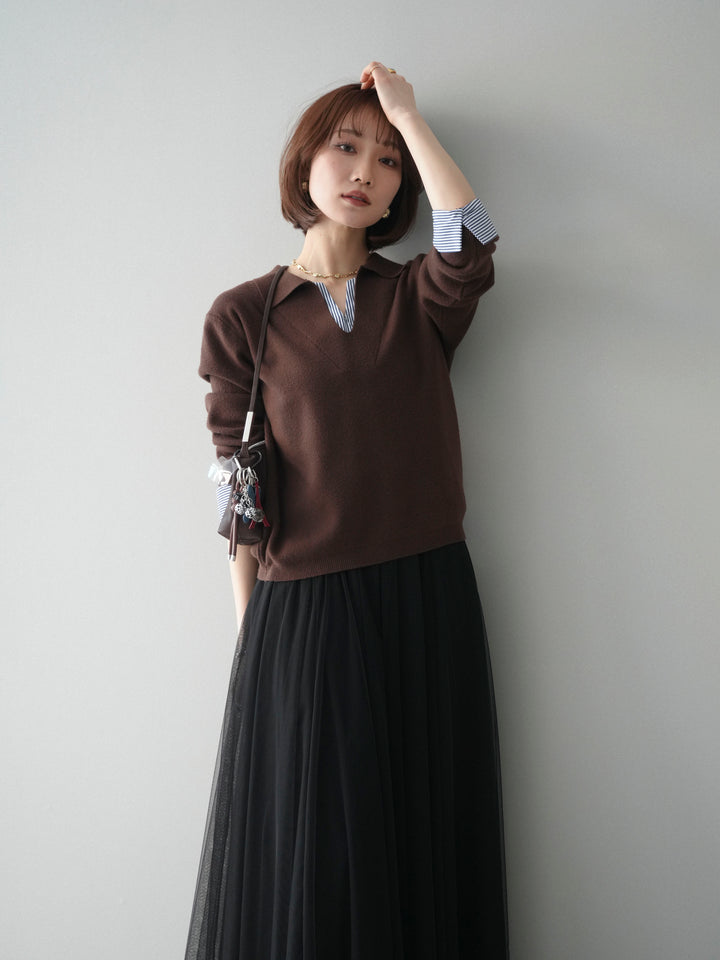 [予約]シャツレイヤードスキッパーニットプルオーバー/brown