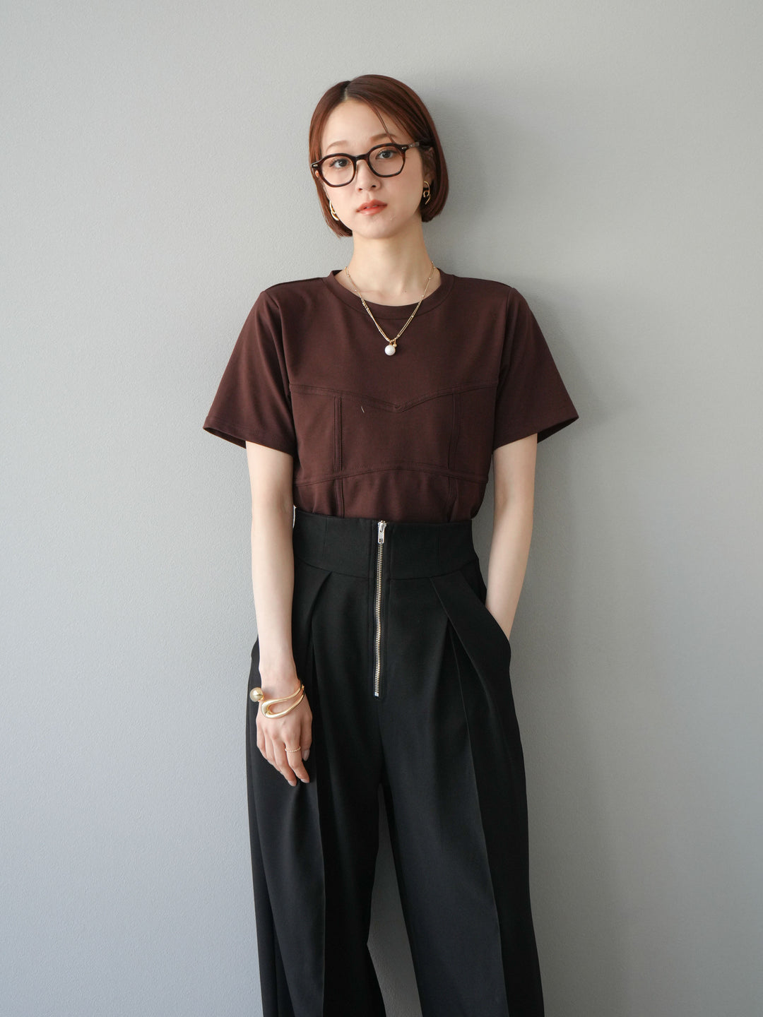 [SET]ビスチェデザインTシャツ+ジップタックワイドパンツ(2set)