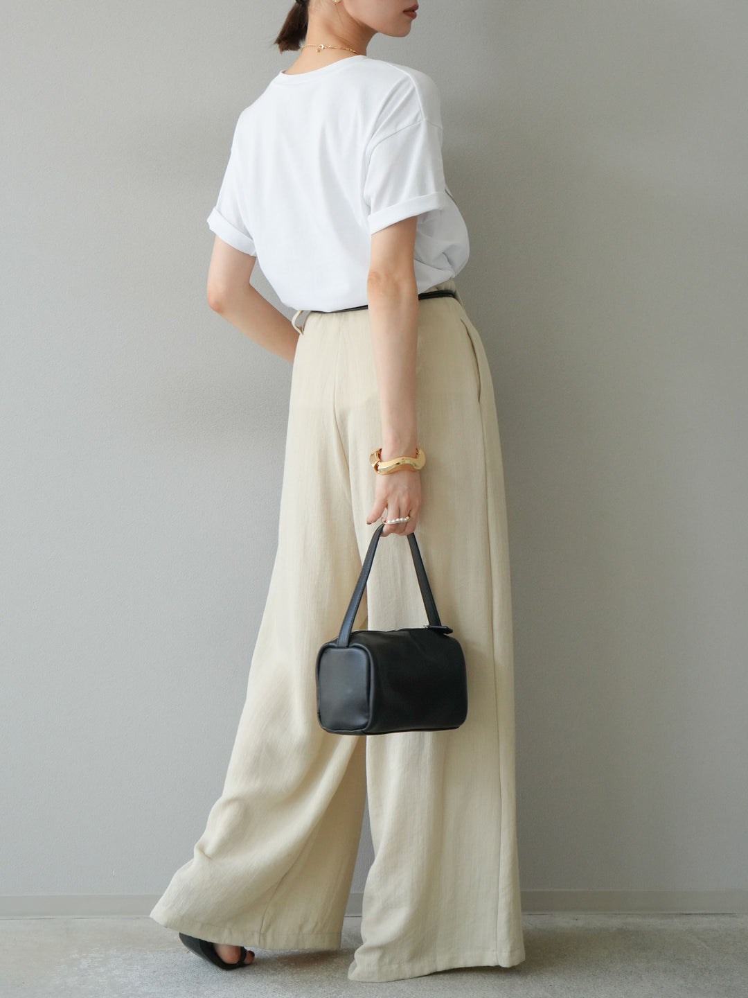 【預購】繩紋設計腰帶亞麻觸感寬褲/米色