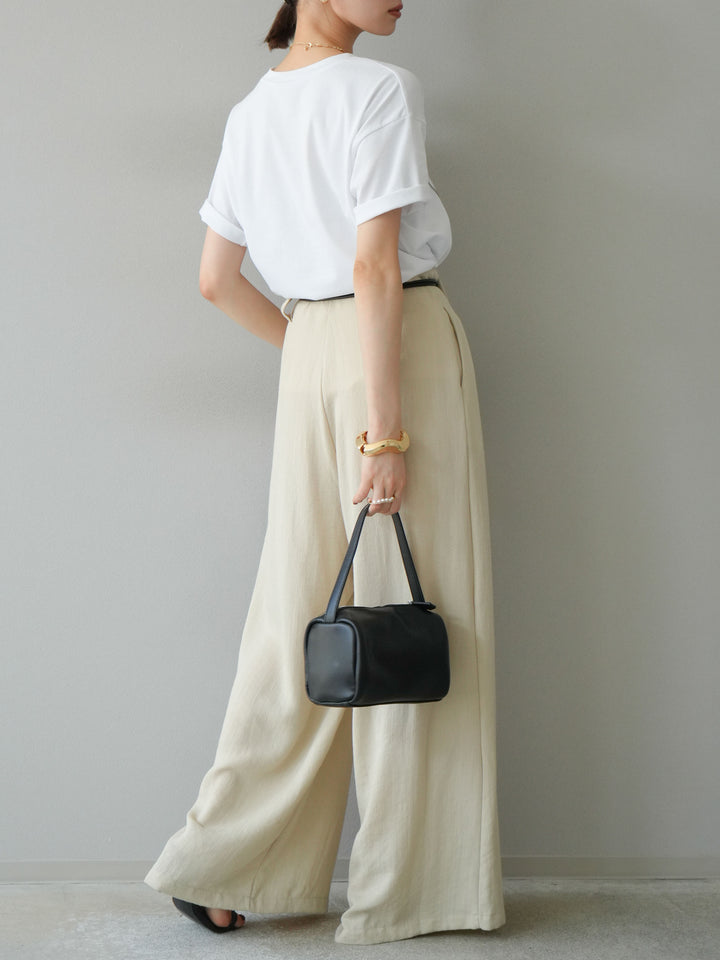 【預購】繩紋設計腰帶亞麻觸感寬褲/米色