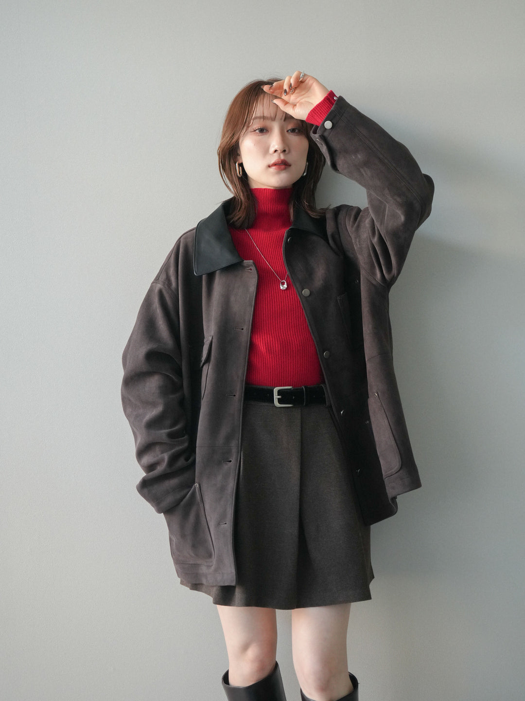 [SET]襟レザーステンカラースエードジャケット+袖ボタンボトルネックリブニットトップス(2set)