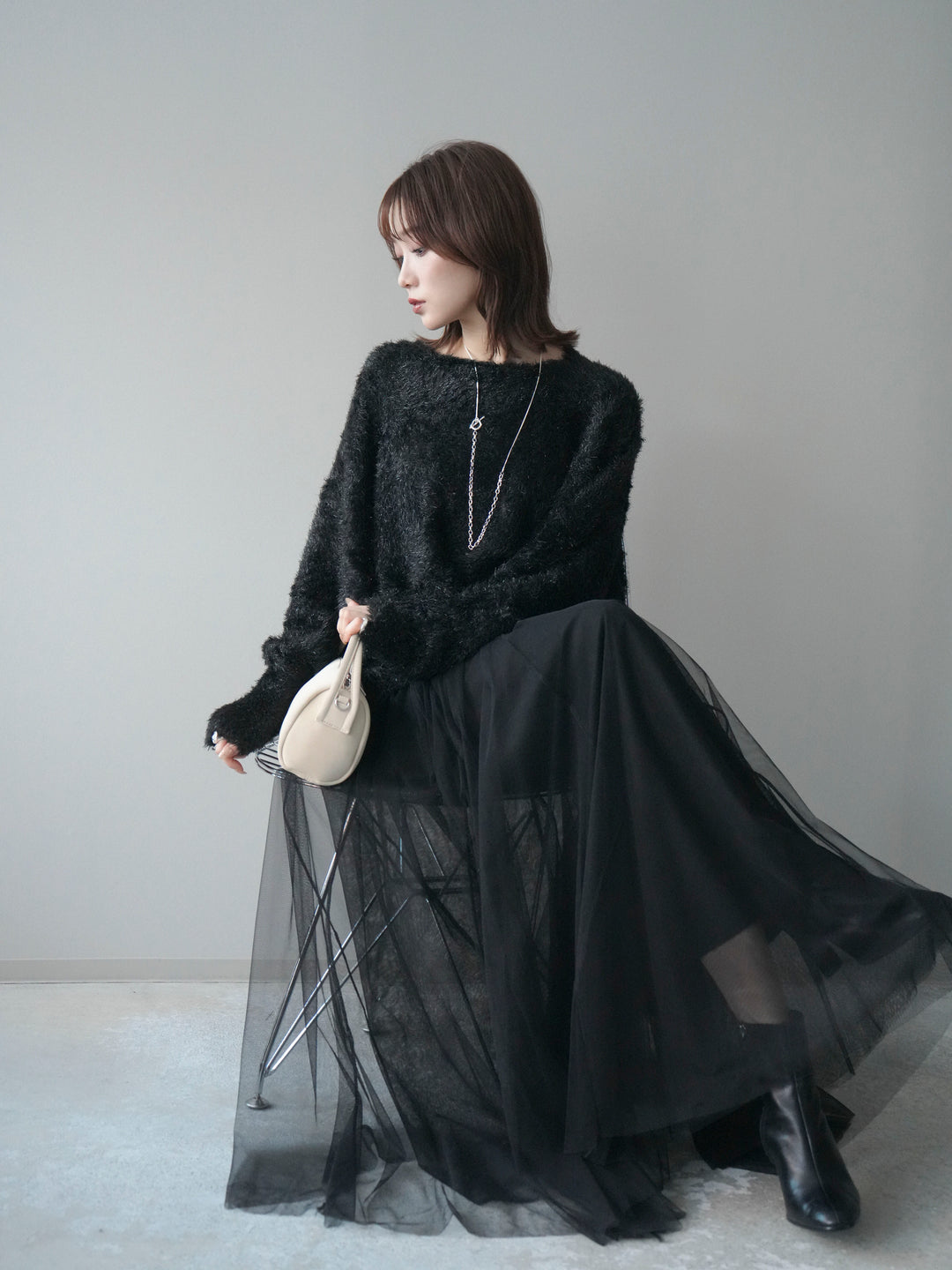 [予約]ラメシャギードルマンニットプルオーバー/black