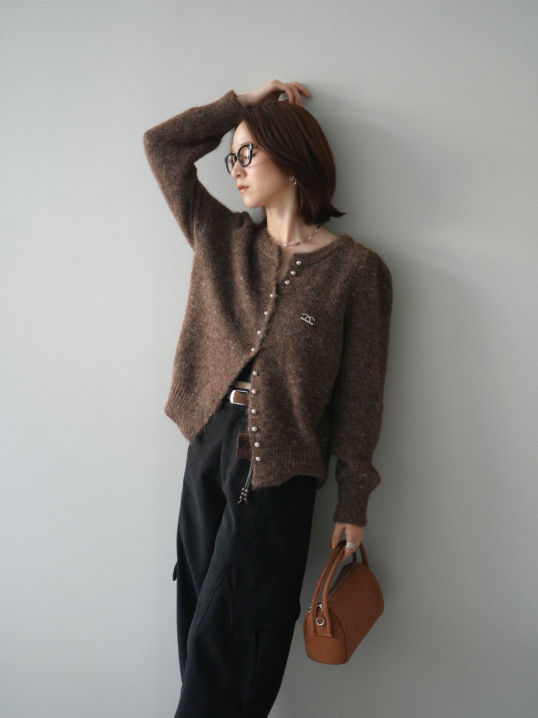 [予約]ブローチ付silverボタンミックスニットカーディガン/brown