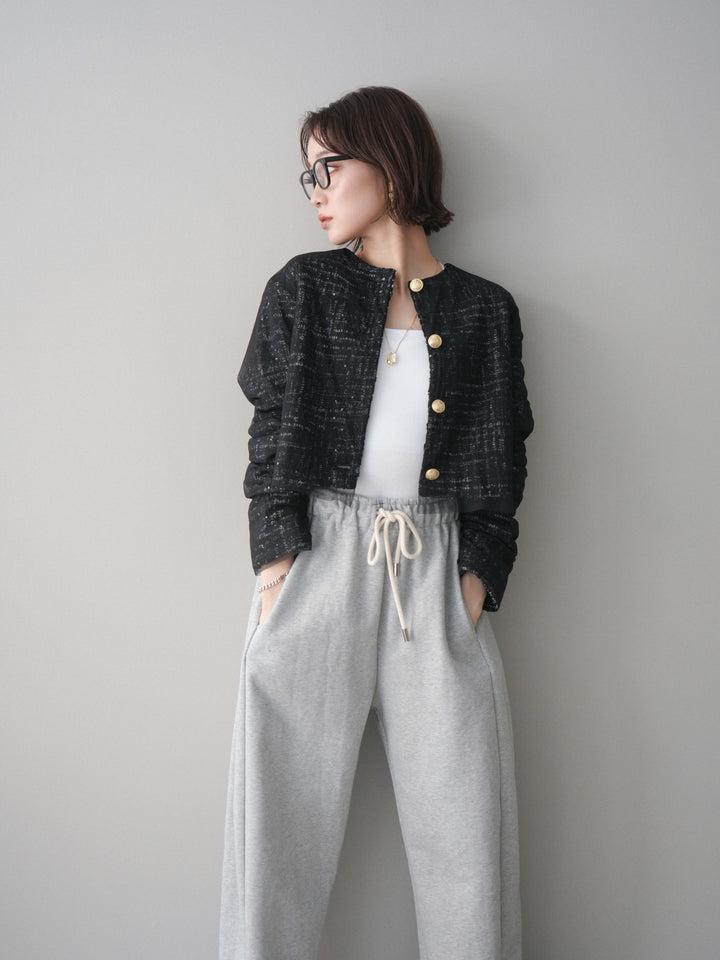 [SET]チュールレイヤードツイードクロップドジャケット+裾ZIPスエットワイドパンツ(2set)