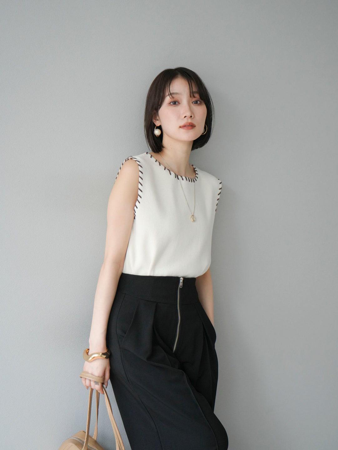 [予約]リネンタッチハンドステッチニットプルオーバー/アイボリー