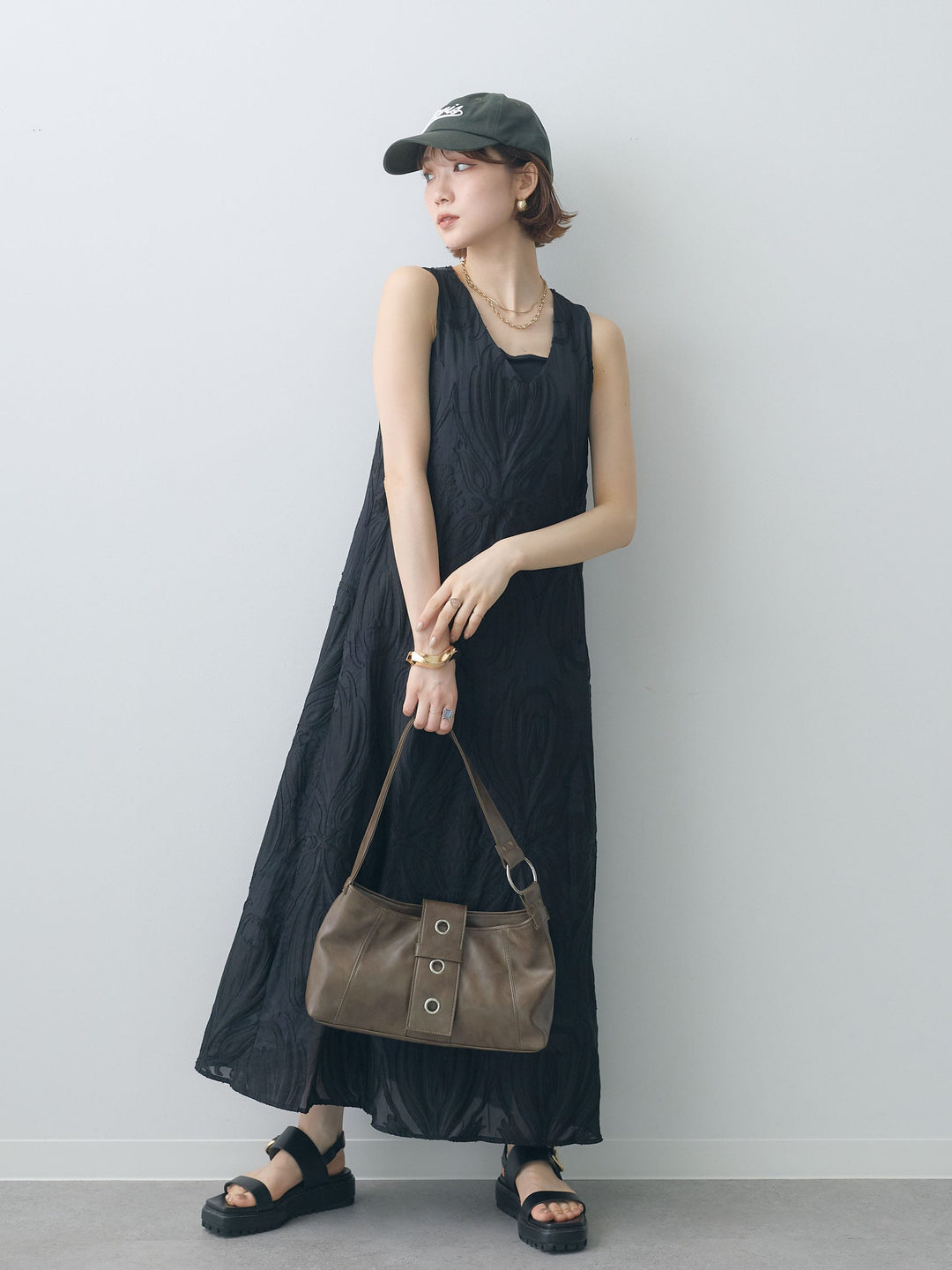 [予約]Vネックシアージャガードノースリワンピース/black