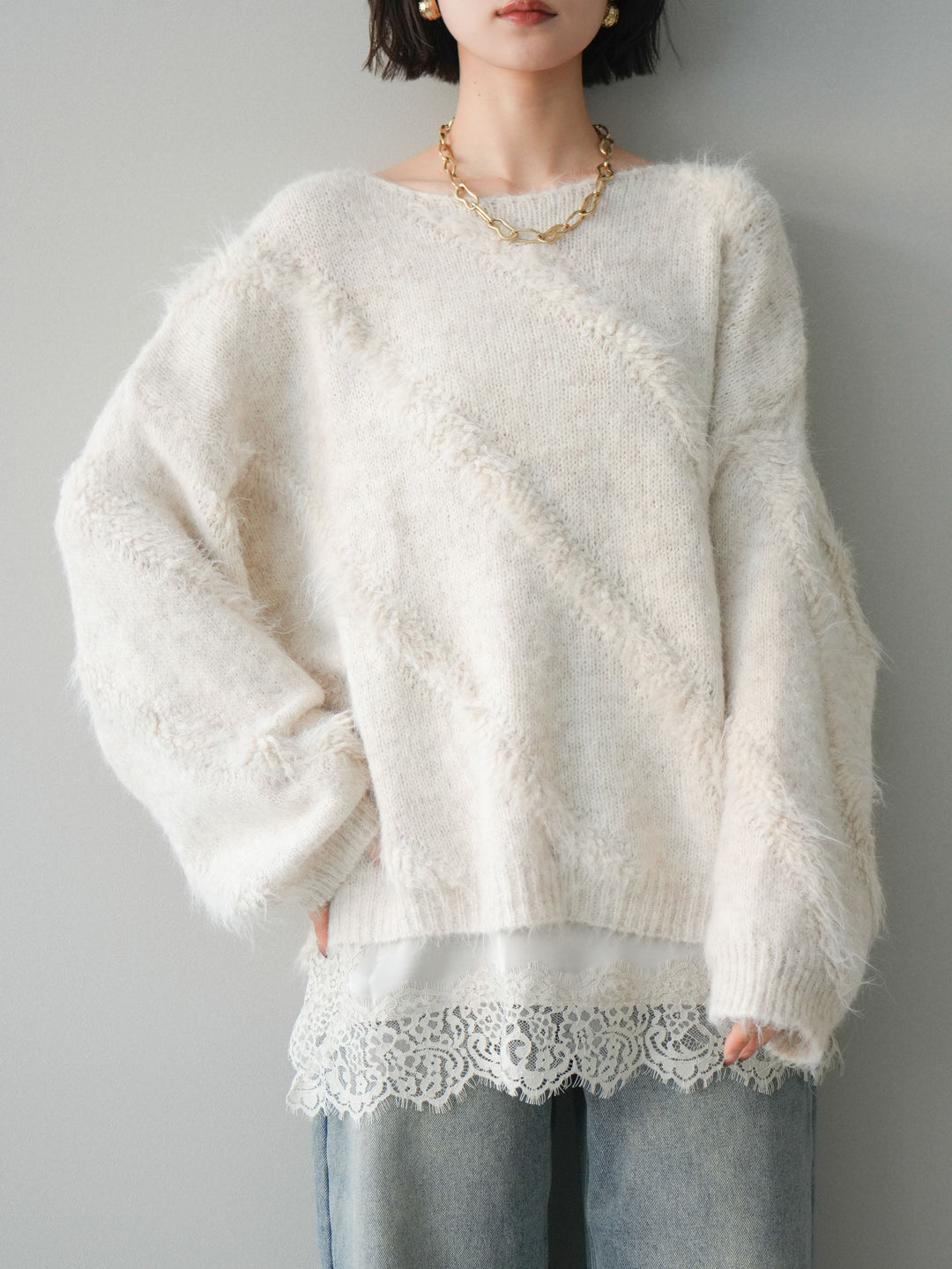 [SET]シャギーデザインニットプルオーバー+シャギーデザインニットプルオーバー(2set)