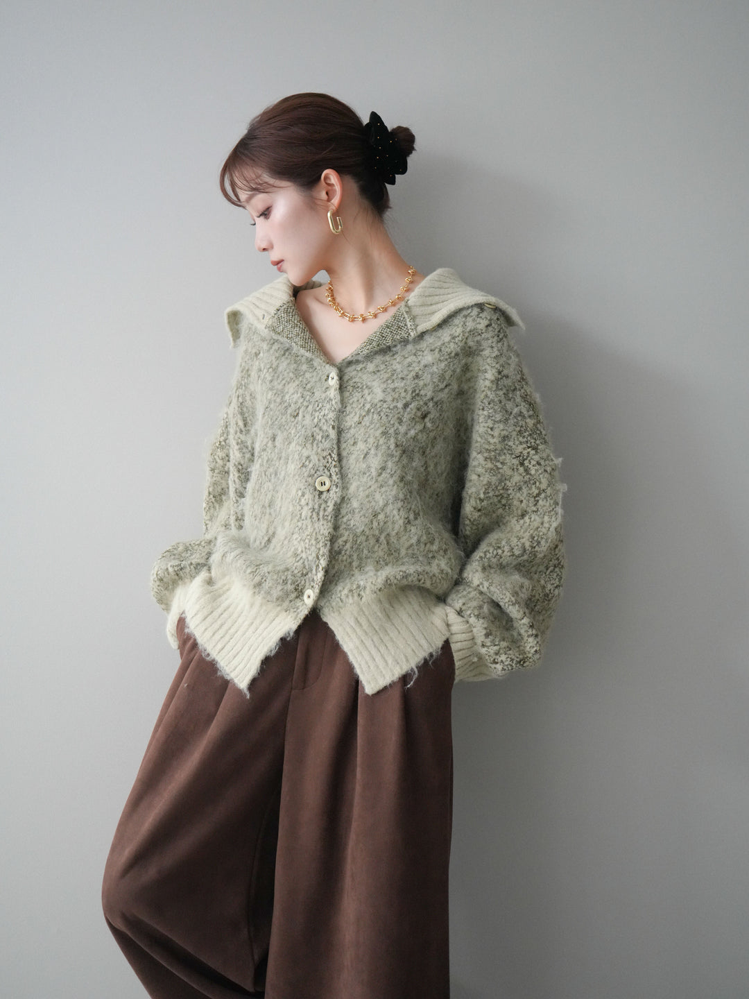 [予約]リブ切替メランジニットカーディガン/green