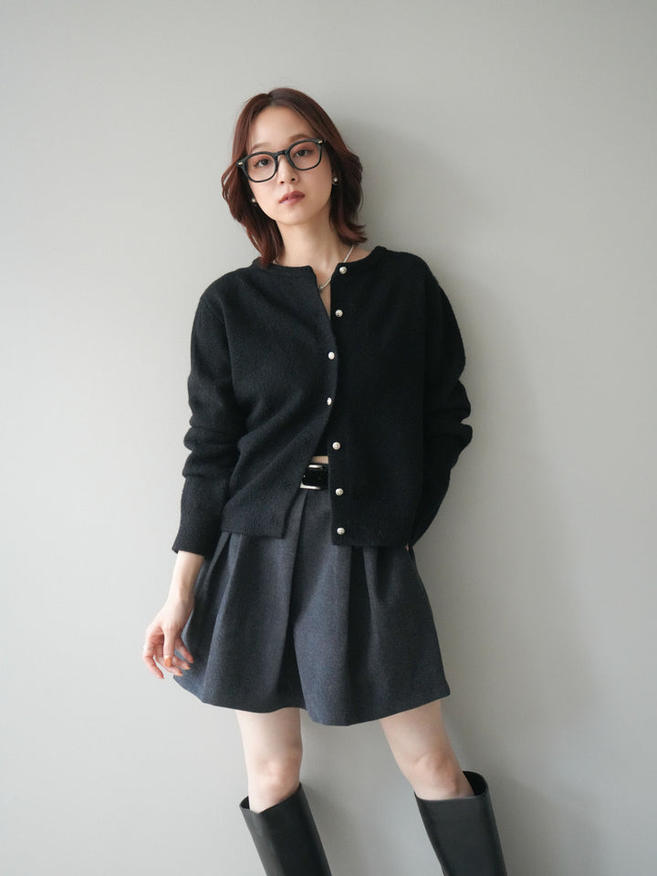[SET]アンティークボタンニットカーディガン+ベルト付きタックミニスカート(2set)