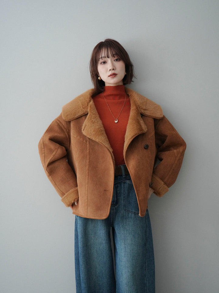 [SET]ムートンショートジャケット+袖ボタンボトルネックリブニットトップス+ベルト付裏起毛カーブデニムパンツ(3set)