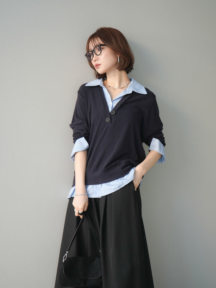 [予約]シャツレイヤードデザインカットプルオーバー/navy