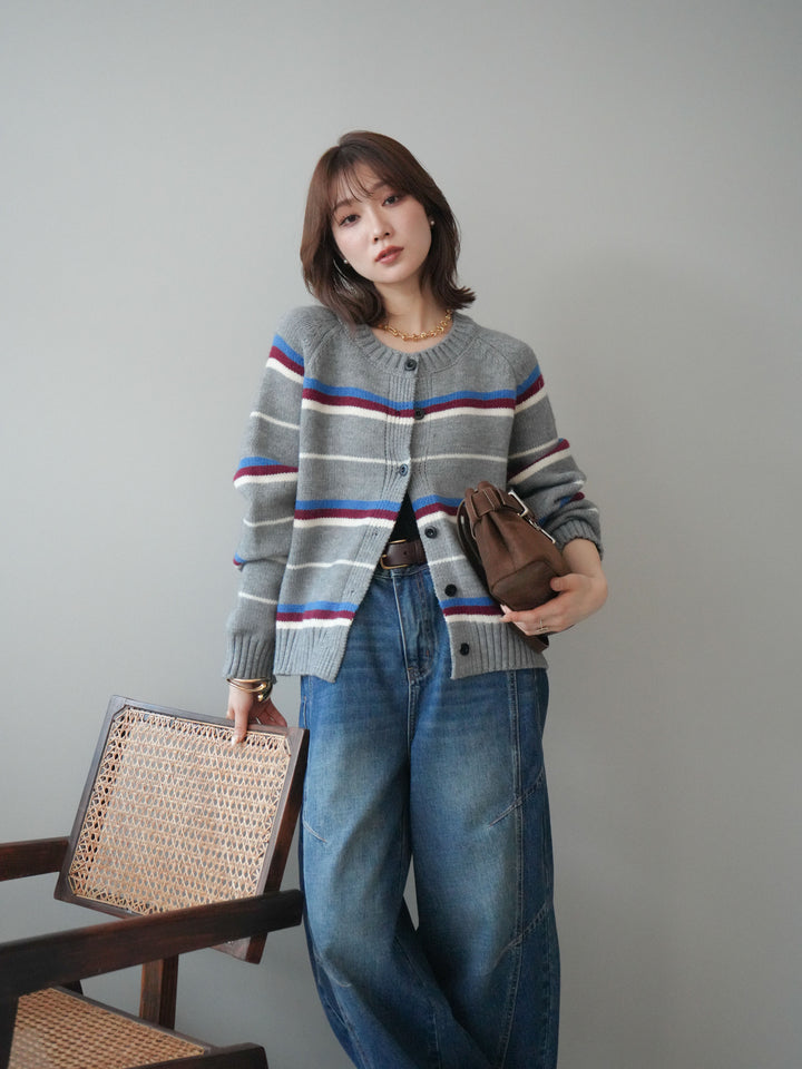 [SET]ランダムボーダーニットカーディガン+デザインステッチカーブデニムパンツ(2set)