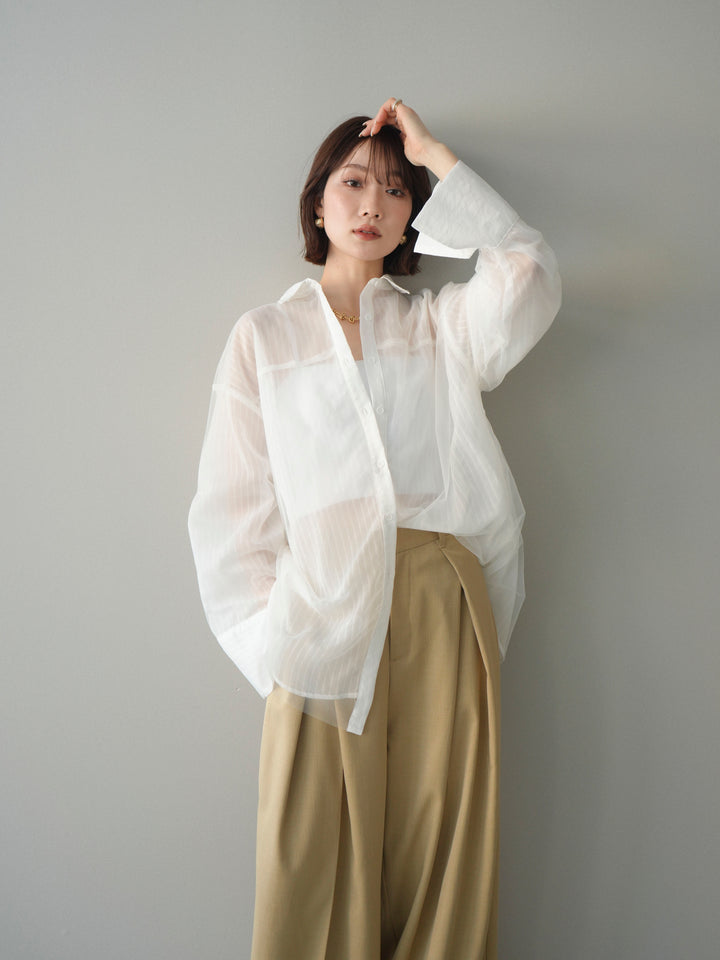 [予約]チュールレイヤードストライプシアーシャツ/offwhite