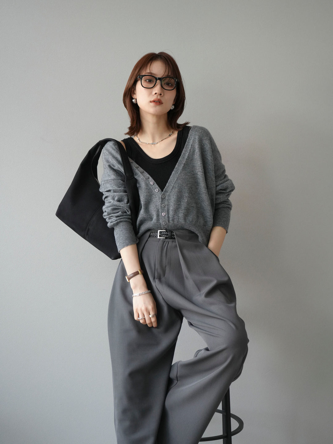 [予約]デザインボタンニットカーディガン＆タンクトップSET/グレー