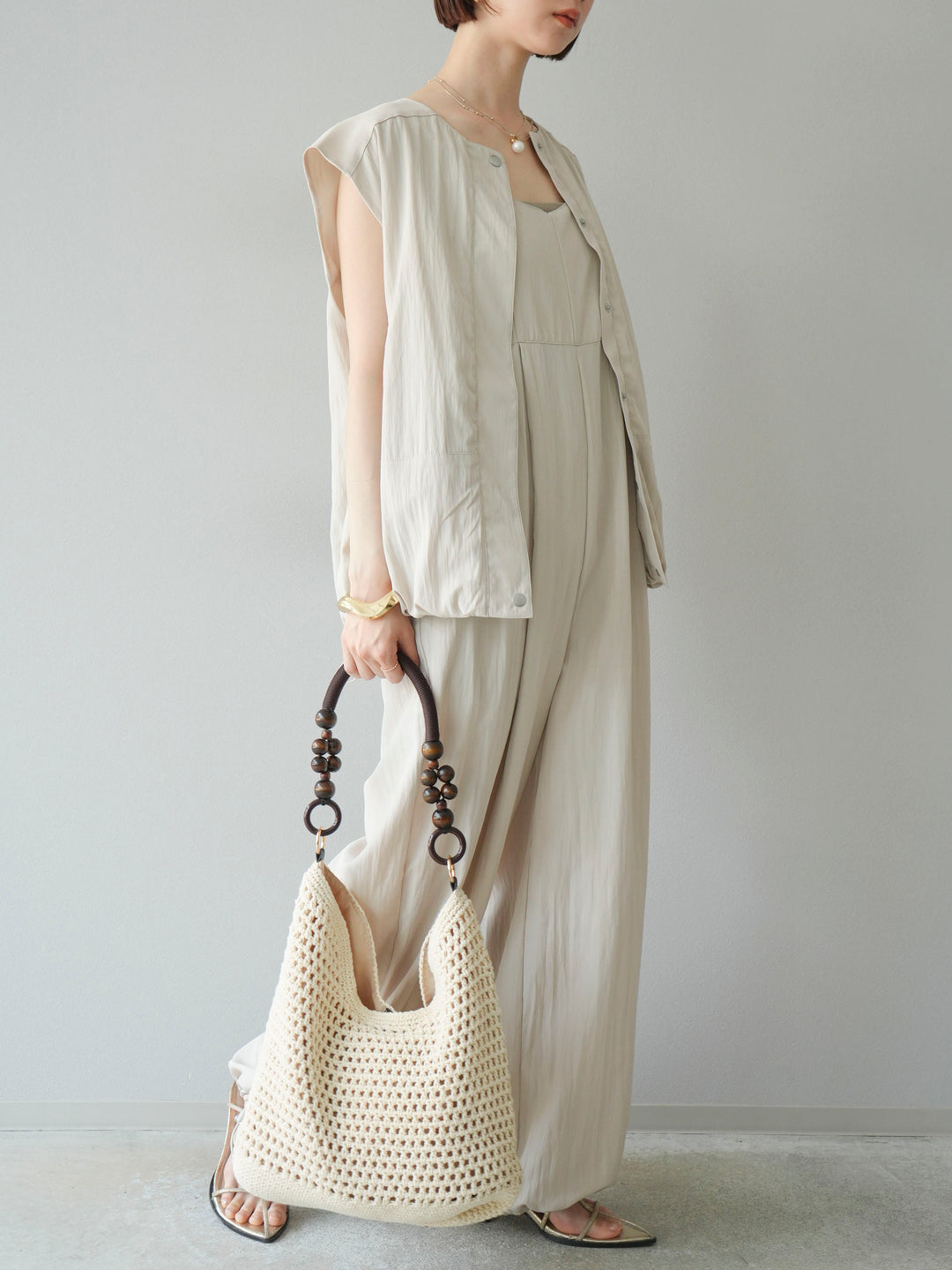 [SET]リネンライクビスチェデザインサロペット+リネンライクドロストバルーンブルゾン(2set)