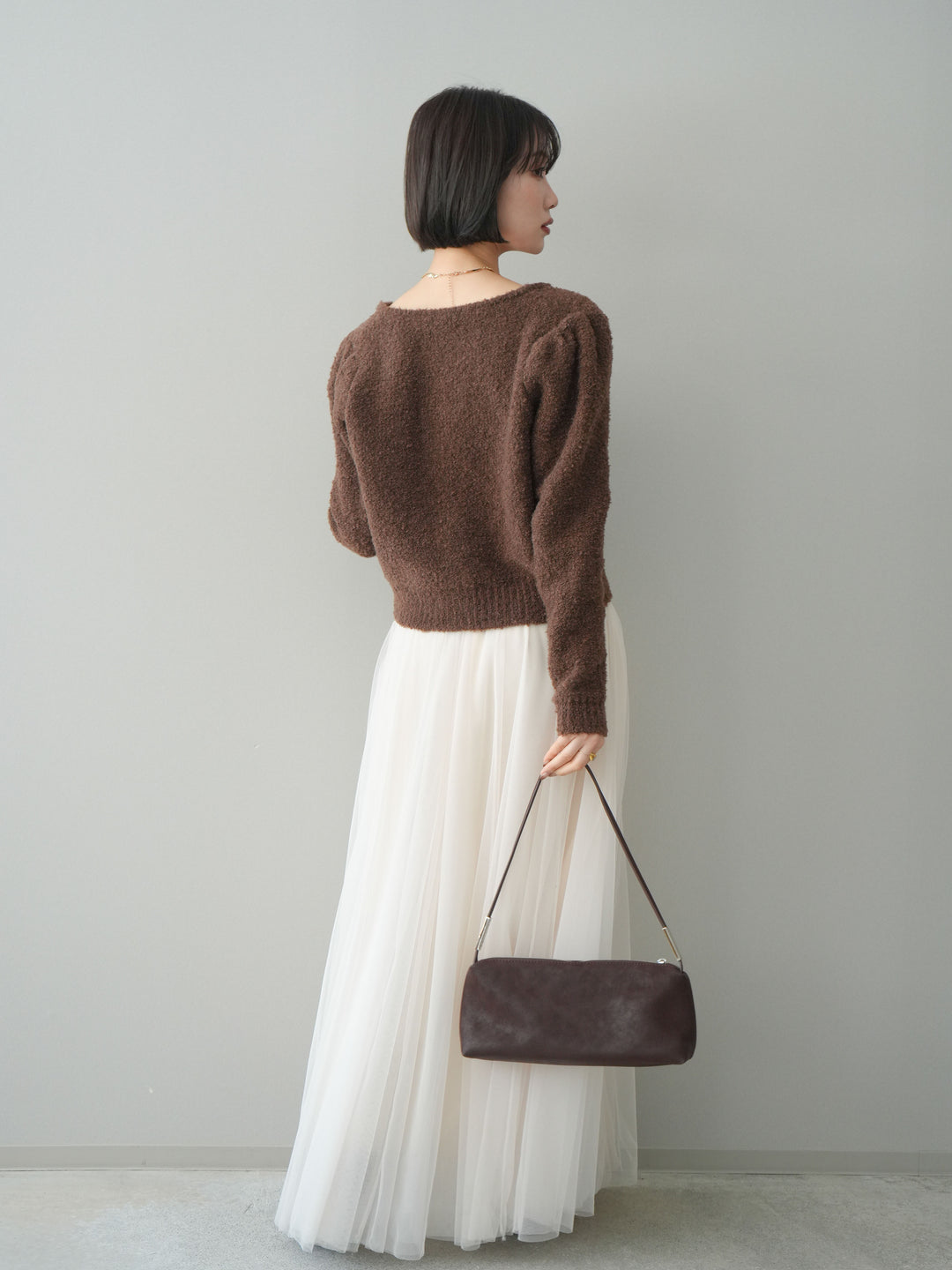 [SET]ゴールドボタンブークレニットカーディガン+チュールボリュームスカート(2set)