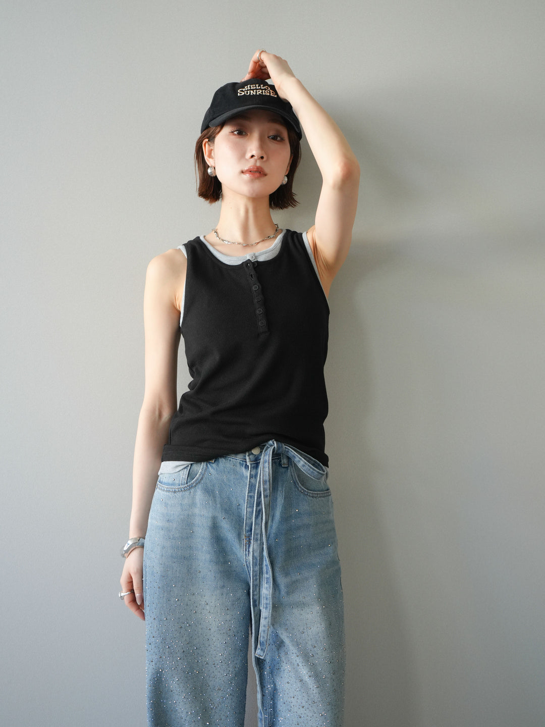 [SET]配色リブヘンリータンクトップ+ウエストベルトビジューワイドデニムパンツ(2set)