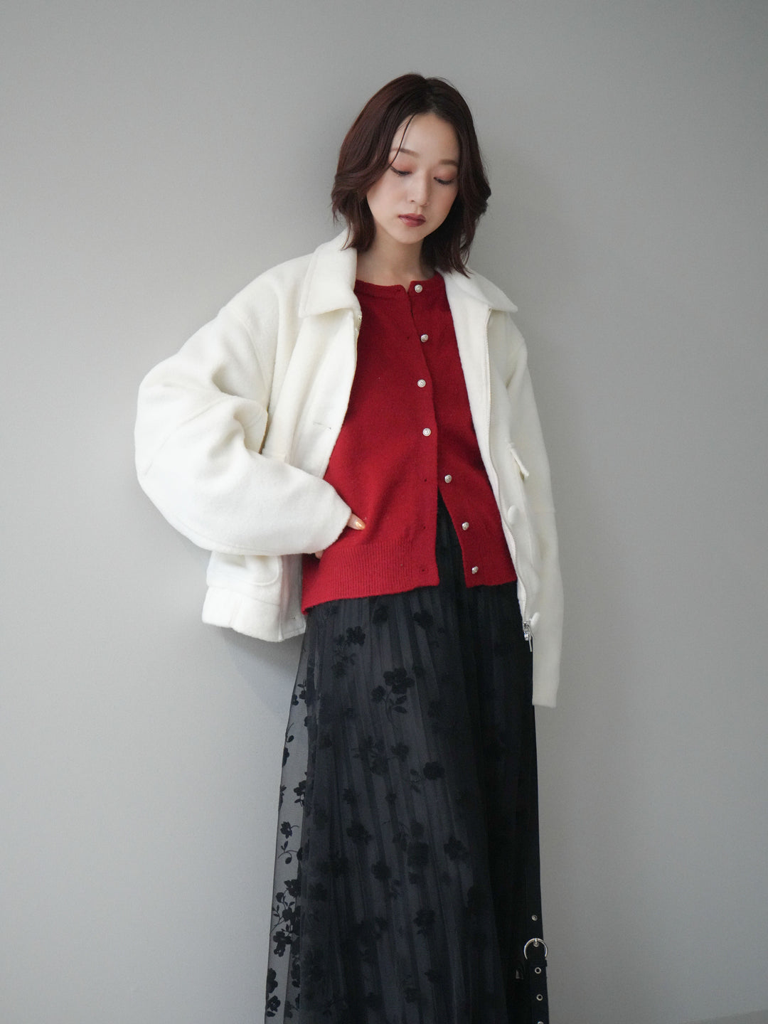 [SET]ウールライクフライトジャケット+アンティークボタンニットカーディガン+フラワーフロッキーチュールプリーツスカート(3set)