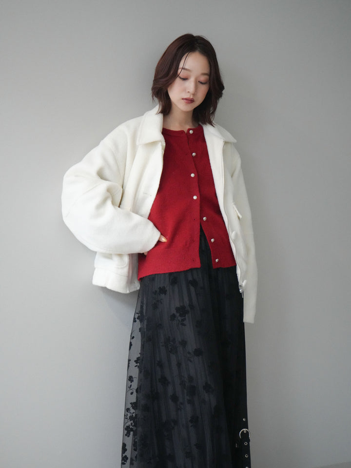 [SET]ウールライクフライトジャケット+アンティークボタンニットカーディガン+フラワーフロッキーチュールプリーツスカート(3set)