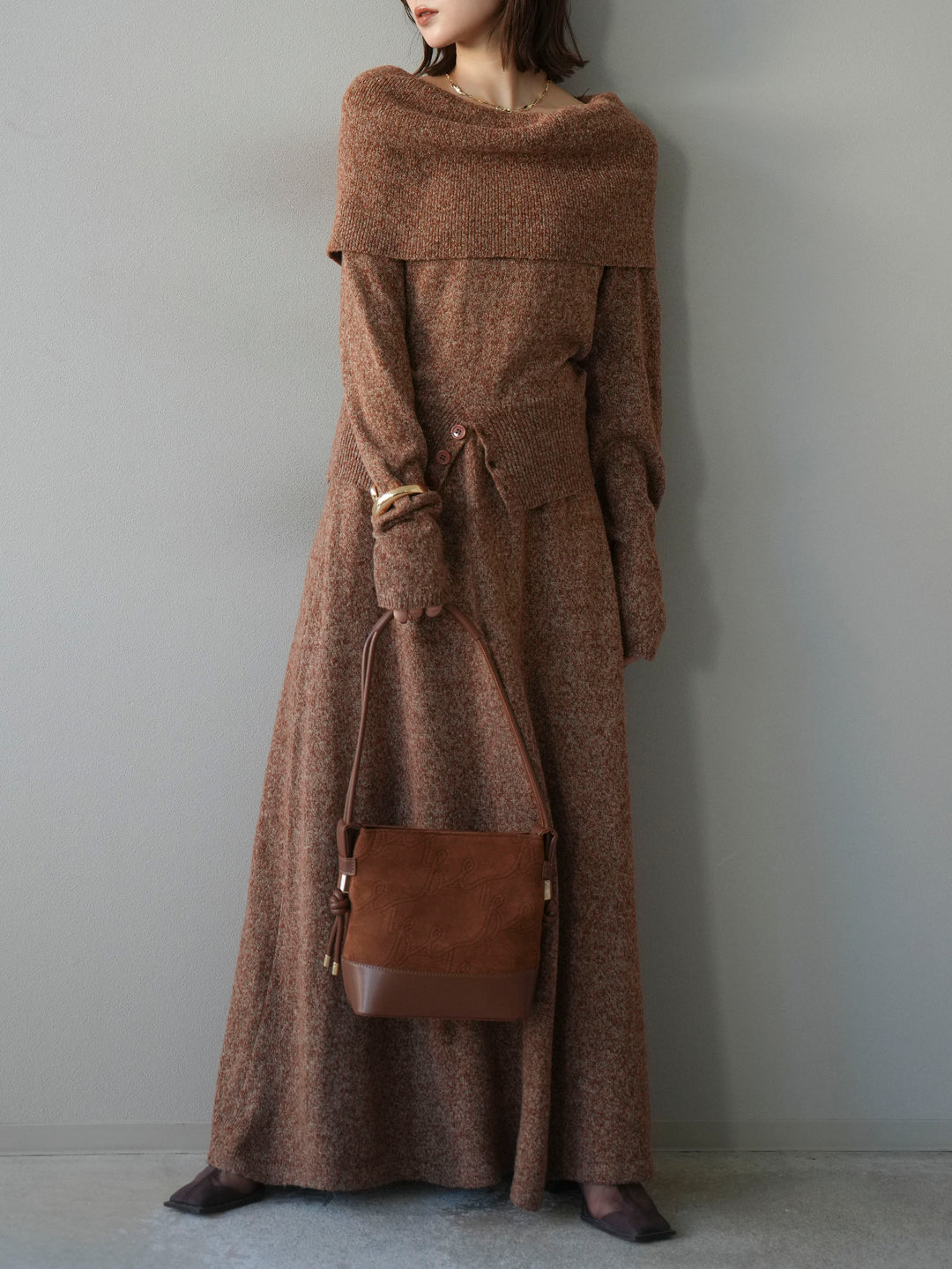 [予約]ミックスヤーンオフショルニットプルオーバー/オレンジ