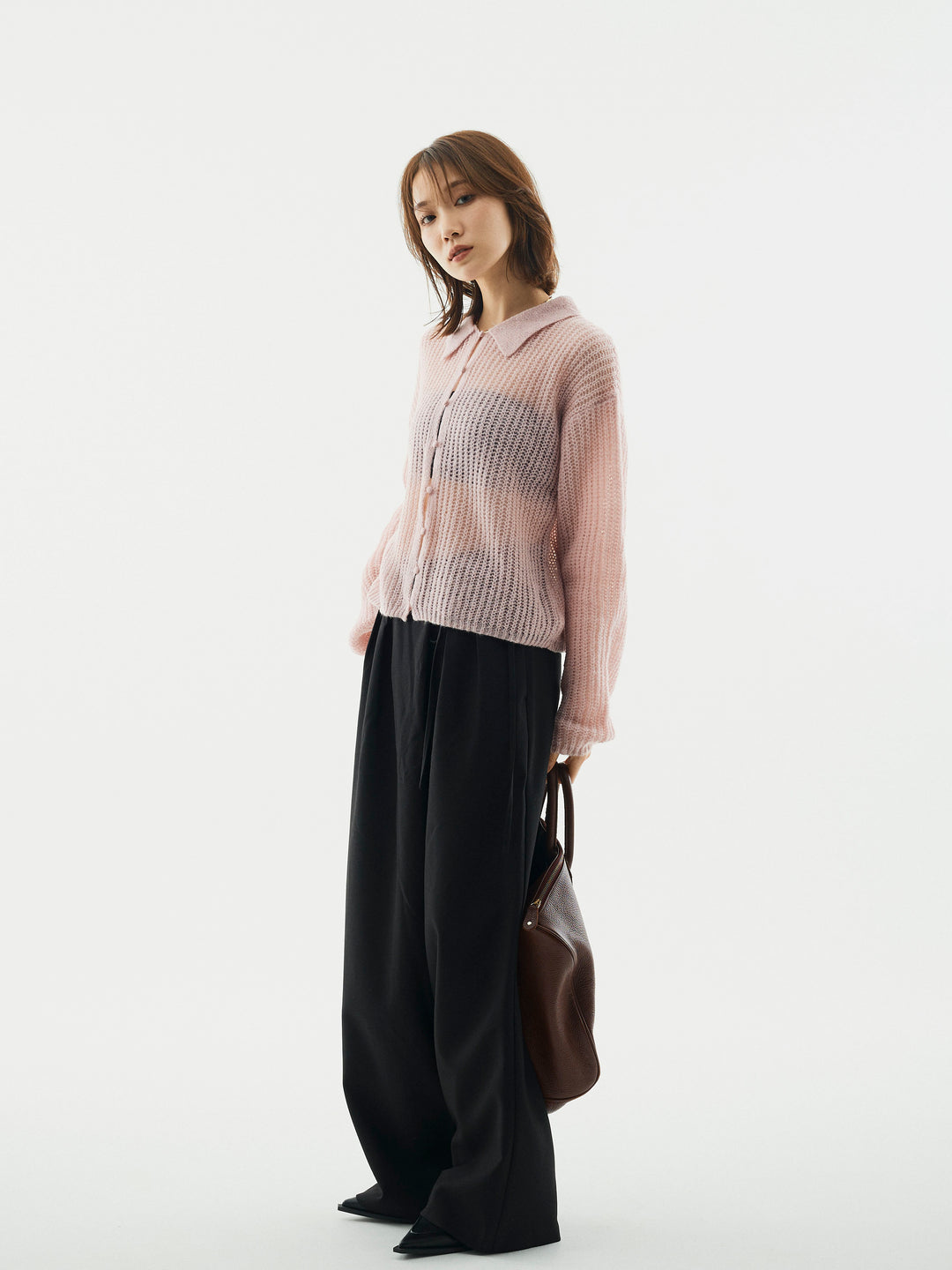 【Allure】[SET]起毛片畦編みシアーポロニット+ラップデザインタックワイドパンツ(2set)