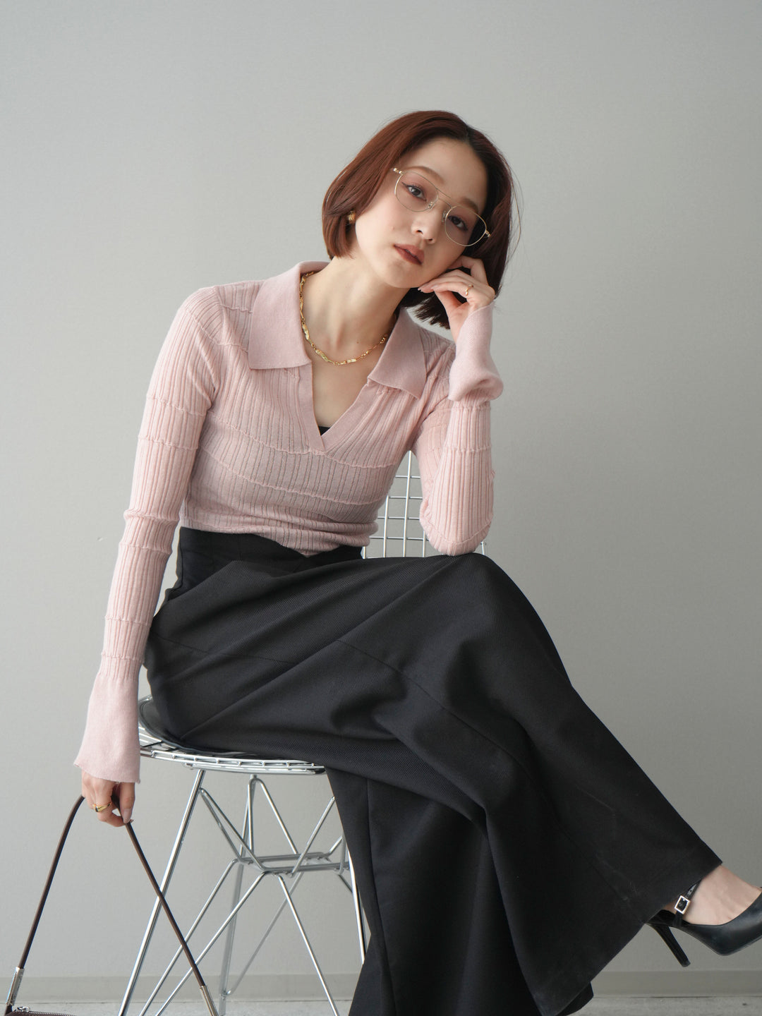 [予約]シアーリブスキッパーニットトップス/pink